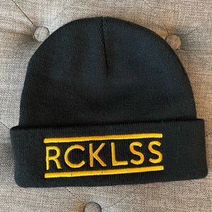 Young & Reckless Black Gold Embroidered Knit Hat Cap Beanie